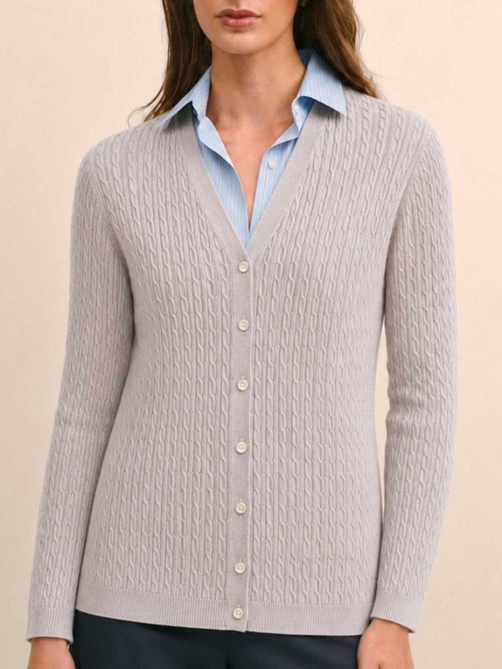 Brooks Brothers 346 Cable Knit Silk Cashmere Cardigan V-Neck Preppy Griege